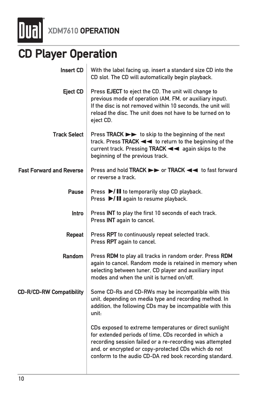 Dual XDM7610 owner manual CD Player Operation 