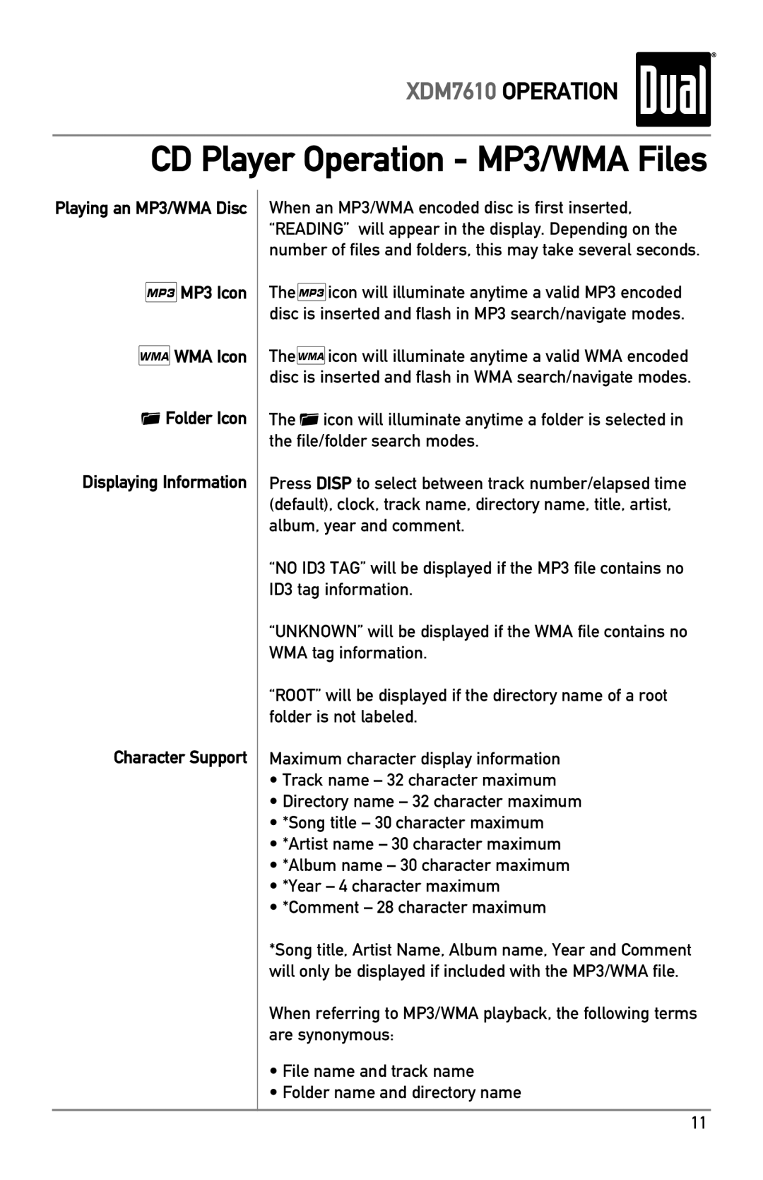 Dual XDM7610 owner manual MP3 Icon, WMA Icon, Folder Icon, Displaying Information, Character Support 