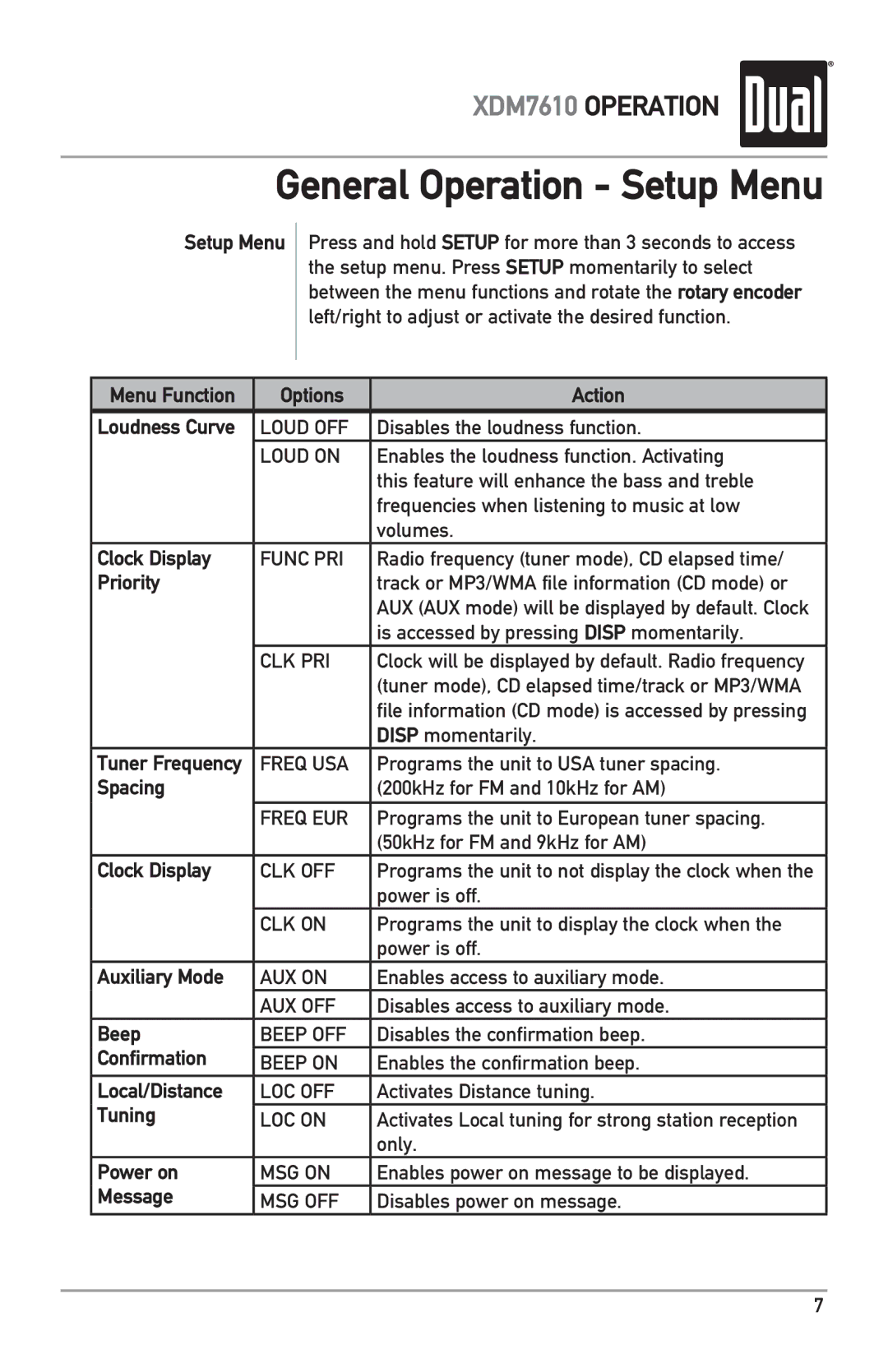 Dual XDM7610 Setup Menu, Menu Function Options Action Loudness Curve, Clock Display, Priority, Spacing, Auxiliary Mode 