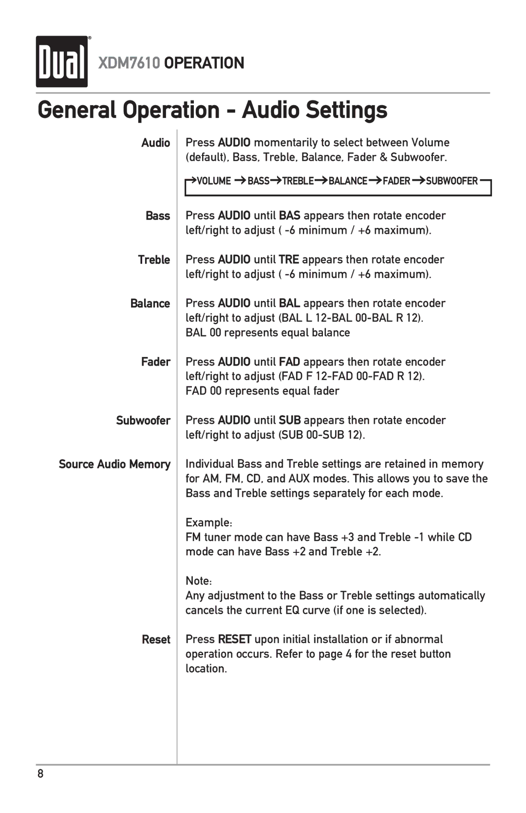 Dual XDM7610 owner manual General Operation Audio Settings 