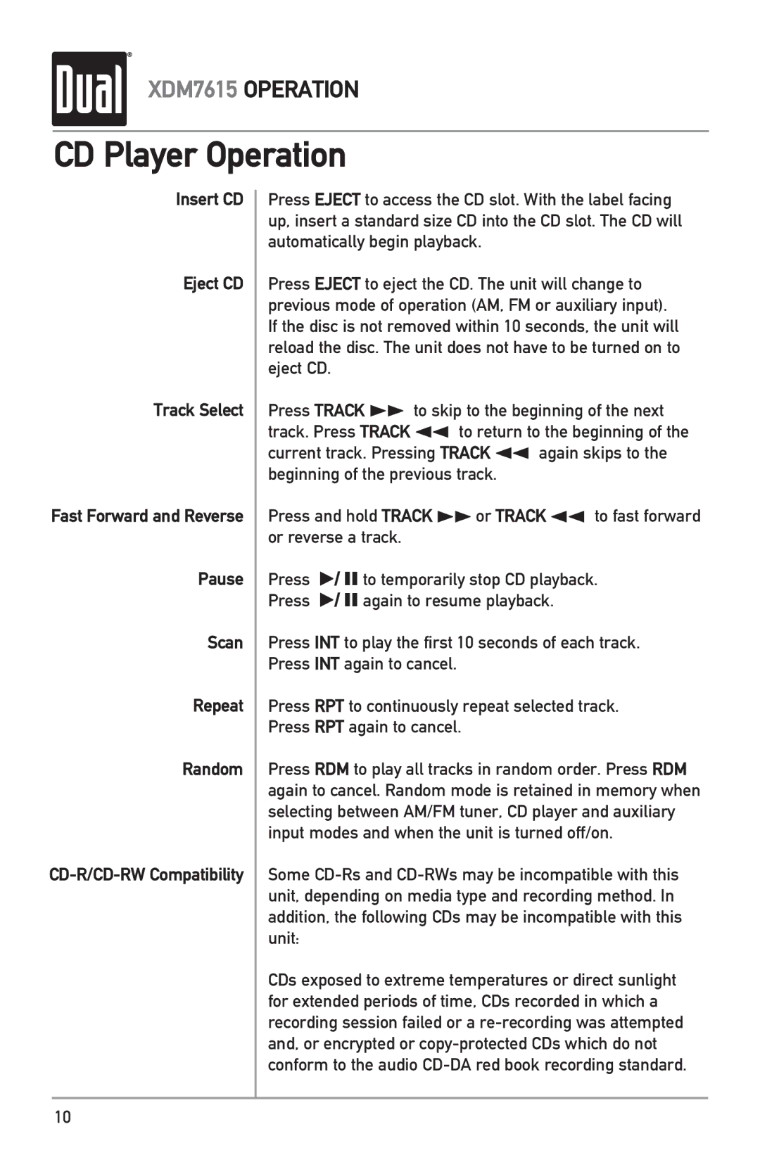 Dual XDM7615 owner manual CD Player Operation 