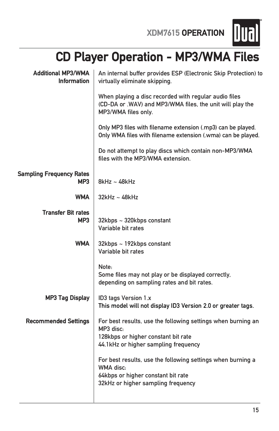 Dual XDM7615 owner manual Transfer Bit rates, MP3 Tag Display Recommended Settings 