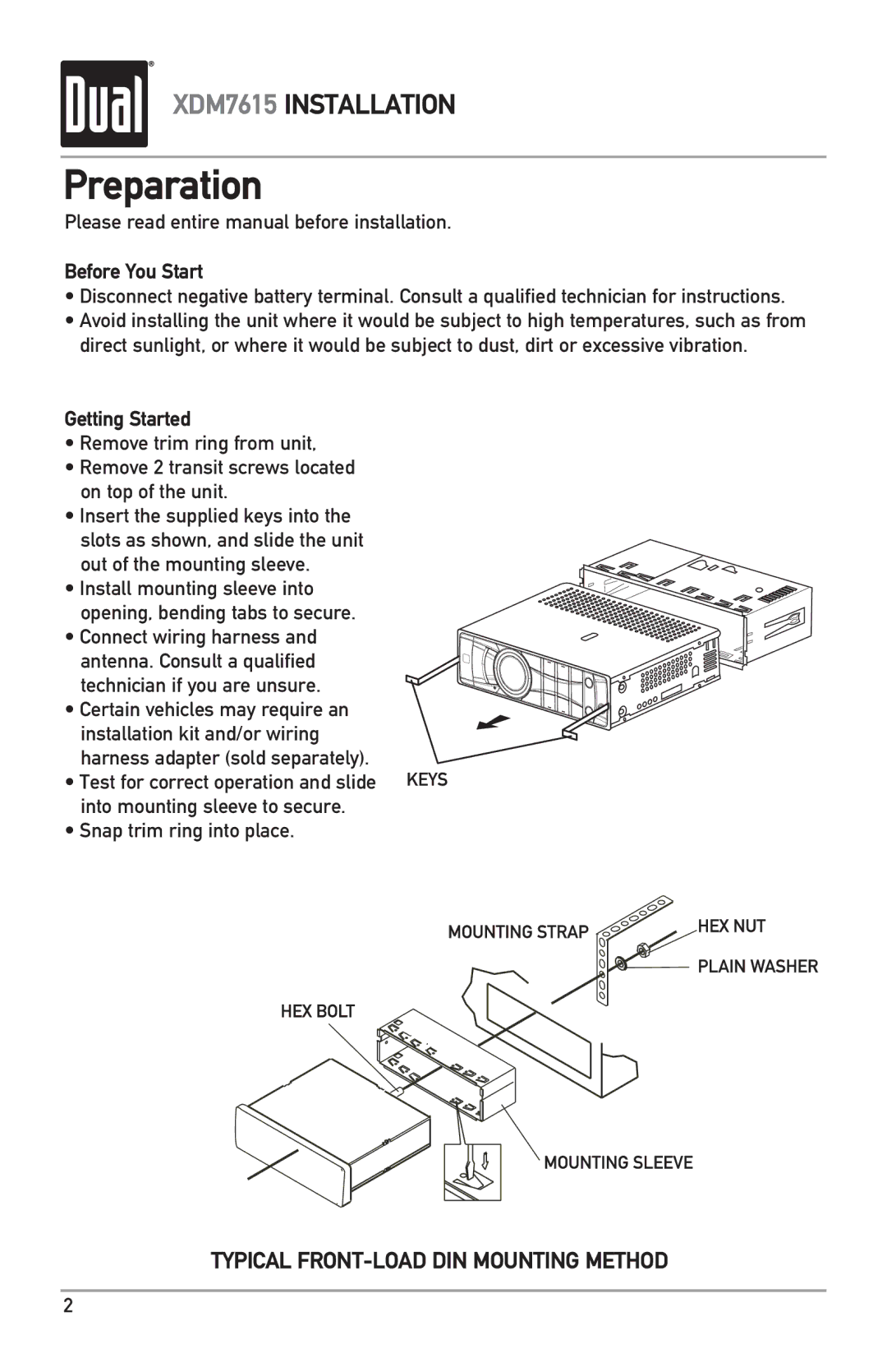 Dual XDM7615 owner manual Preparation, Please read entire manual before installation, Before You Start, Getting Started 