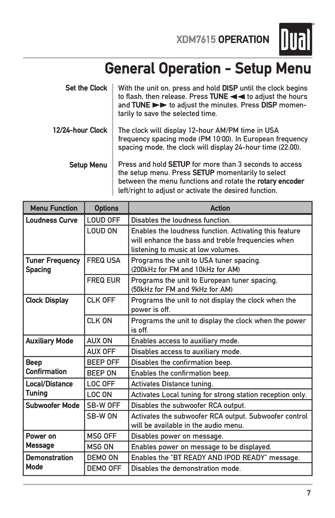 Dual XDM7615 Set the Clock 12/24-hour Clock Setup Menu, Menu Function Options Action, Spacing, Clock Display, Beep, Tuning 