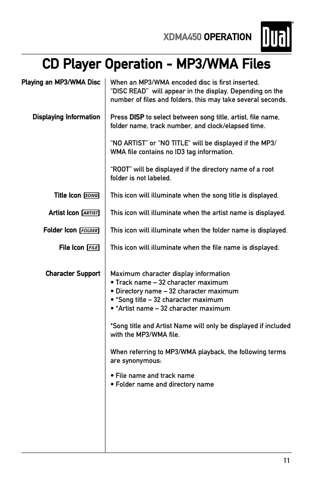 Dual XDMA450 owner manual CD Player Operation MP3/WMA Files, When an MP3/WMA encoded disc is first inserted 