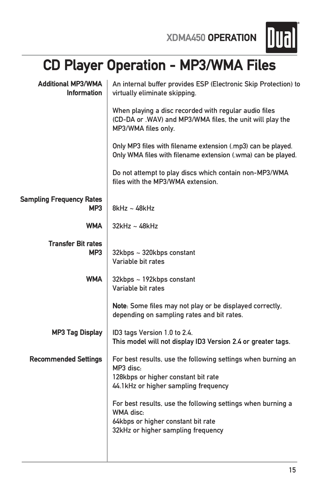 Dual XDMA450 owner manual Transfer Bit rates, MP3 Tag Display Recommended Settings 