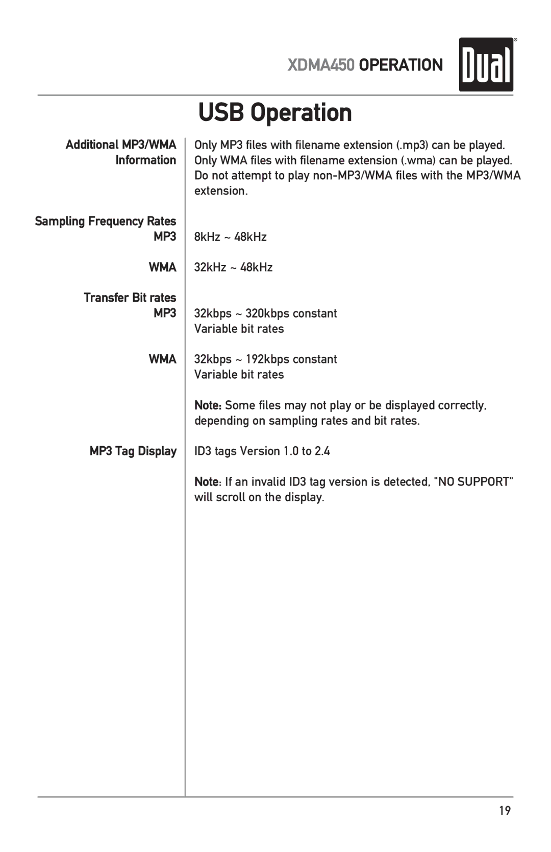 Dual XDMA450 owner manual Transfer Bit rates, MP3 Tag Display 