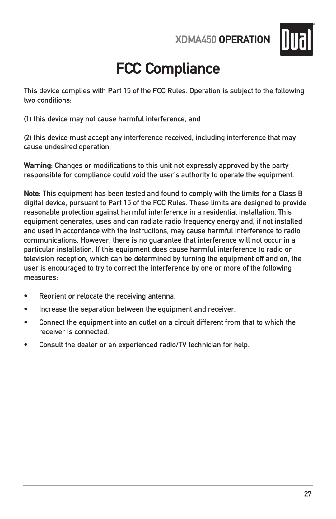 Dual XDMA450 owner manual FCC Compliance 