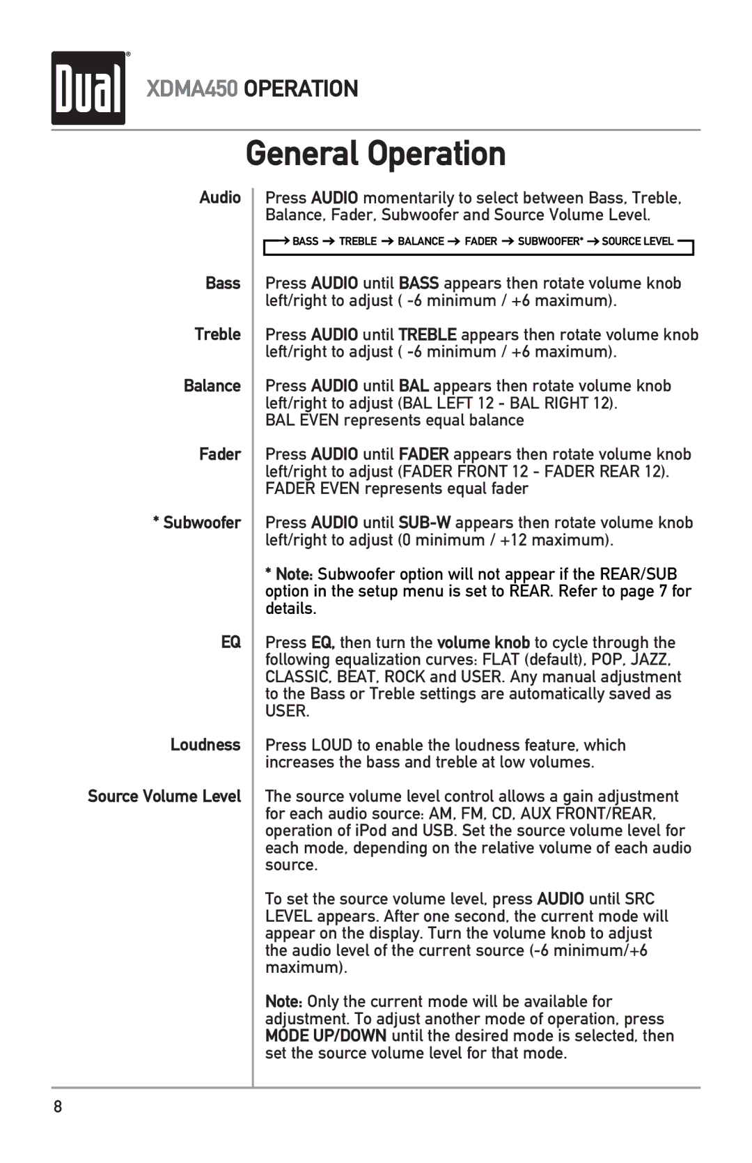 Dual XDMA450 owner manual Bass Treble Balance Fader SUBWOOFER* Source Level 