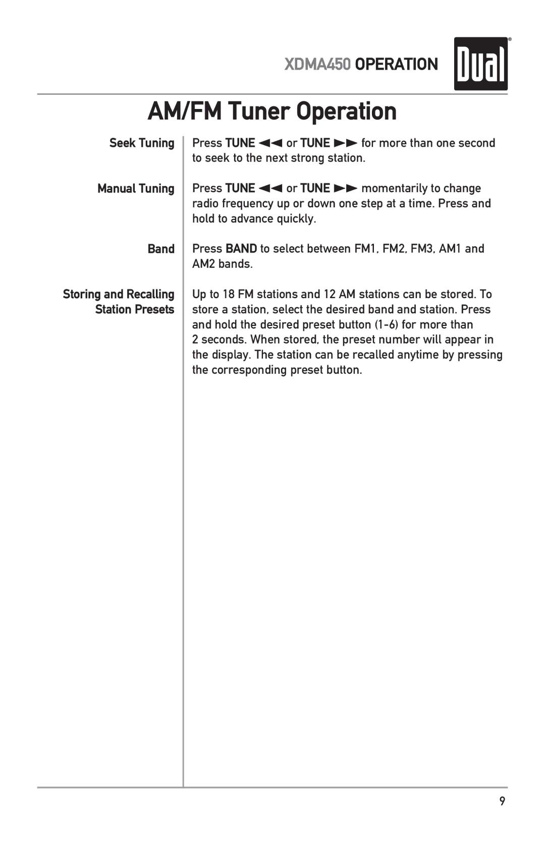 Dual XDMA450 owner manual AM/FM Tuner Operation, Seek Tuning Manual Tuning Band 