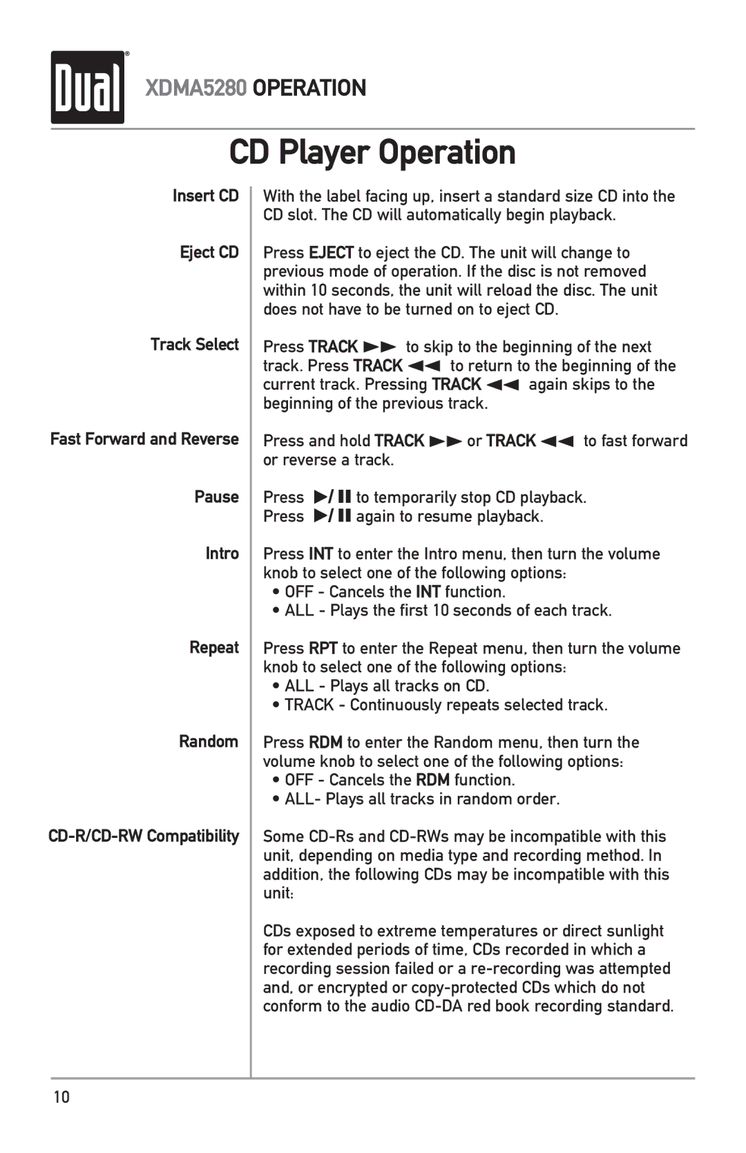 Dual XDMA5280 owner manual CD Player Operation 