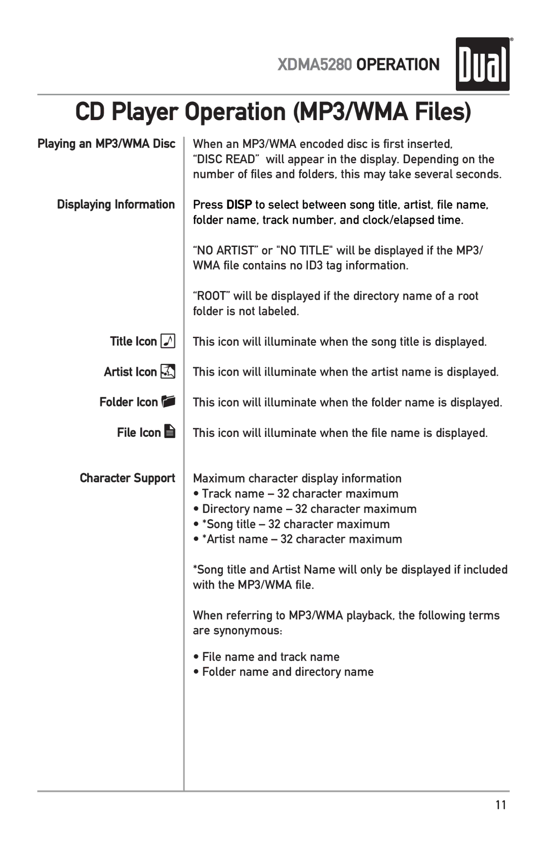 Dual XDMA5280 owner manual CD Player Operation MP3/WMA Files, When an MP3/WMA encoded disc is first inserted 