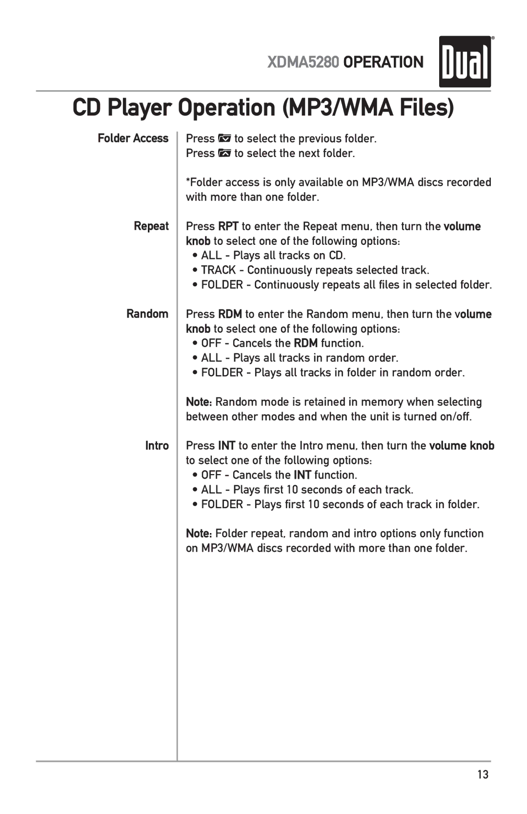 Dual XDMA5280 owner manual Folder Access Repeat Random Intro 