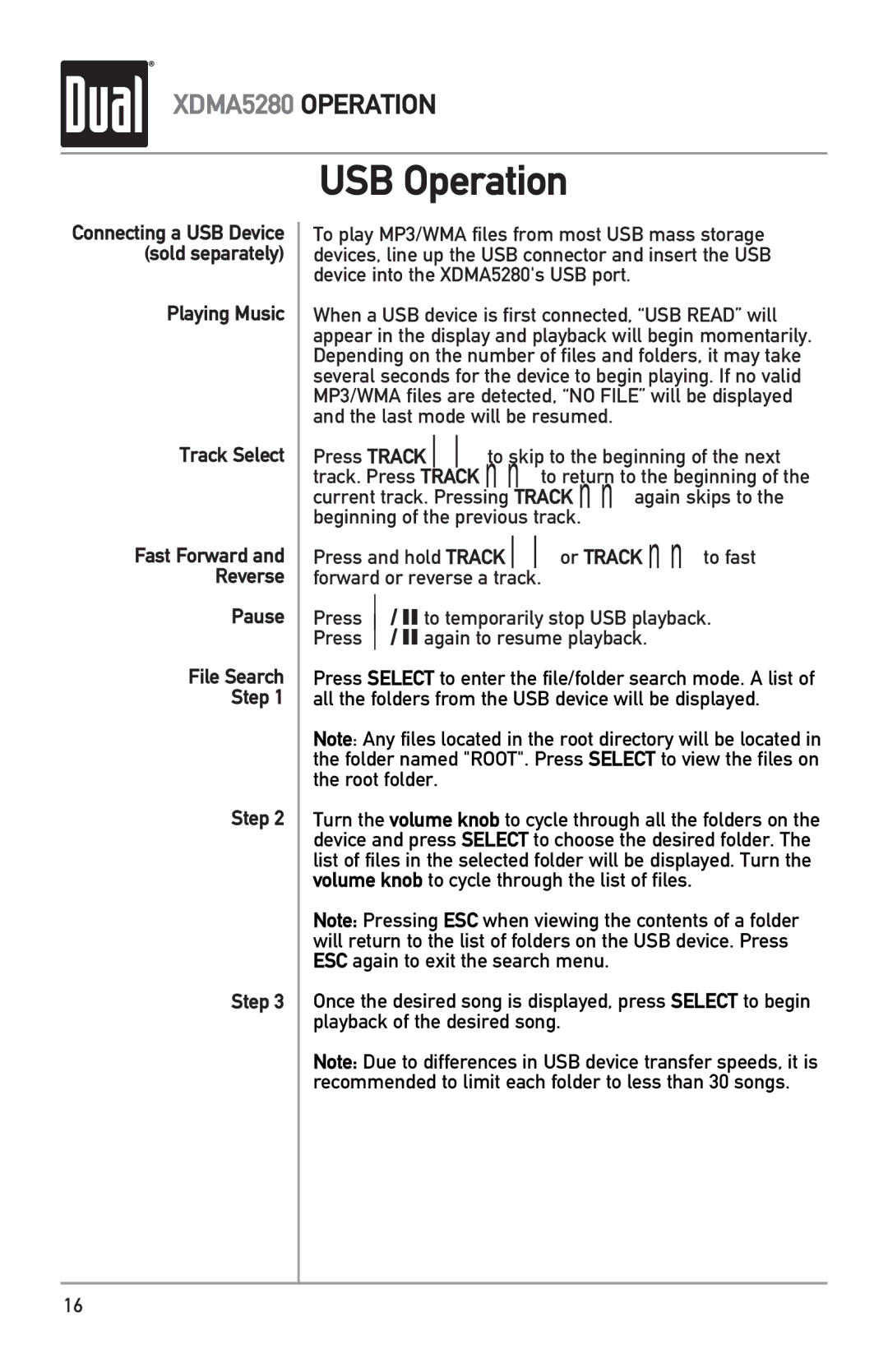 Dual XDMA5280 owner manual USB Operation 