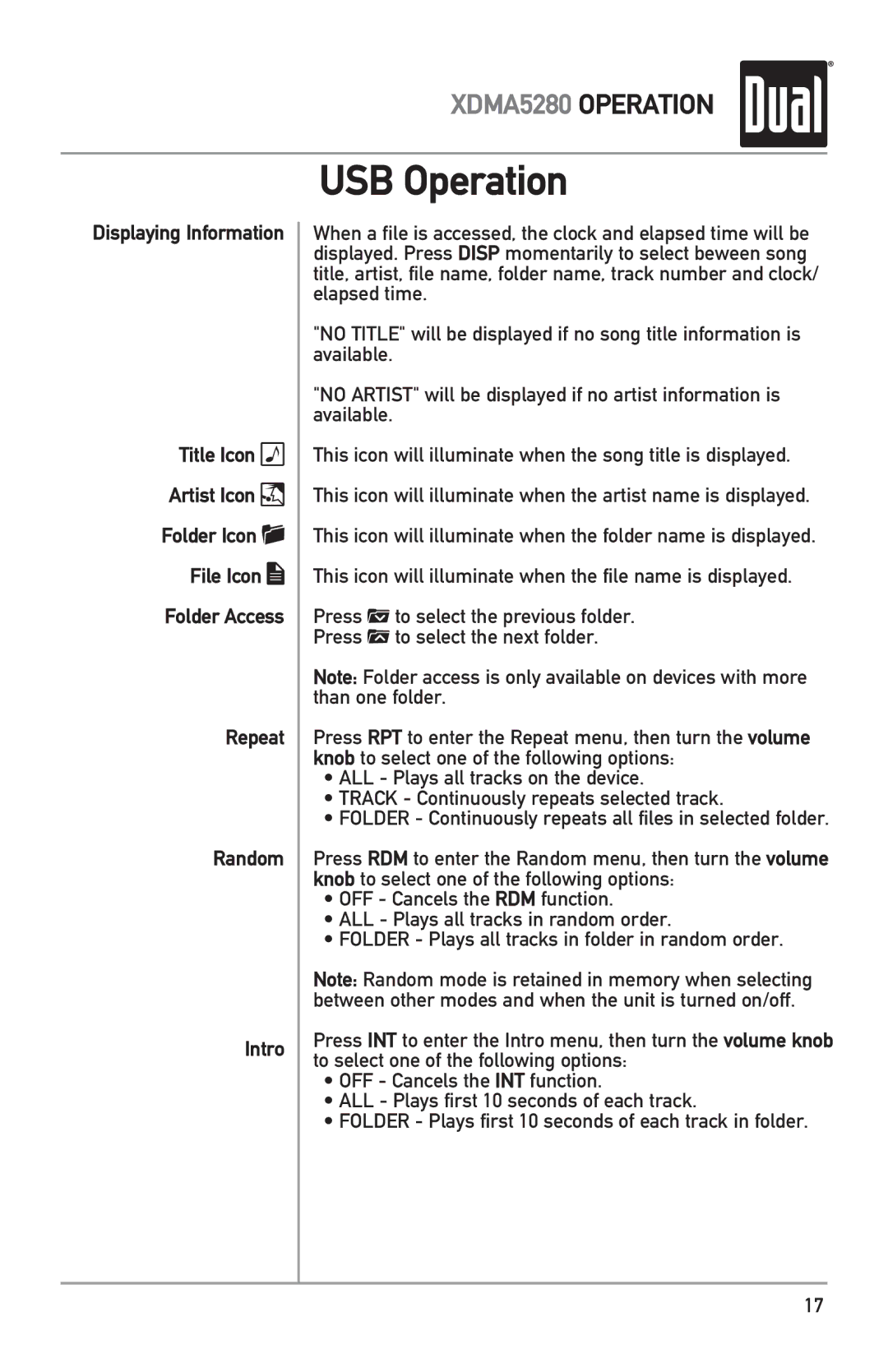 Dual XDMA5280 owner manual USB Operation 