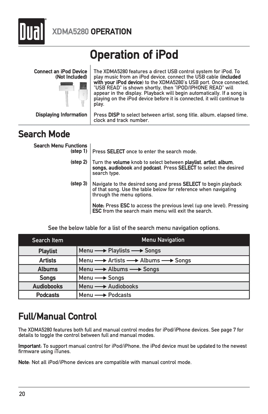 Dual XDMA5280 owner manual Operation of iPod, Search Mode 