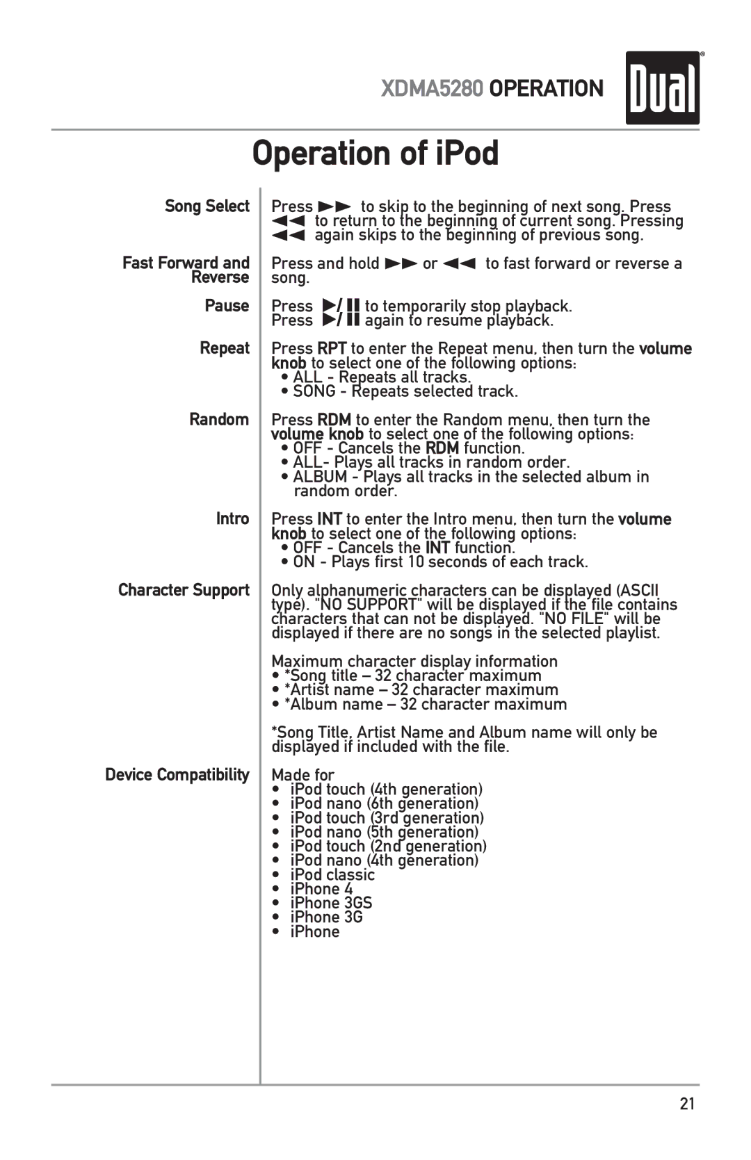 Dual XDMA5280 owner manual Operation of iPod 