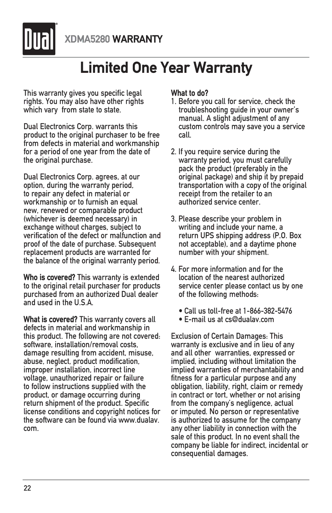 Dual XDMA5280 owner manual Limited One Year Warranty, What to do? 