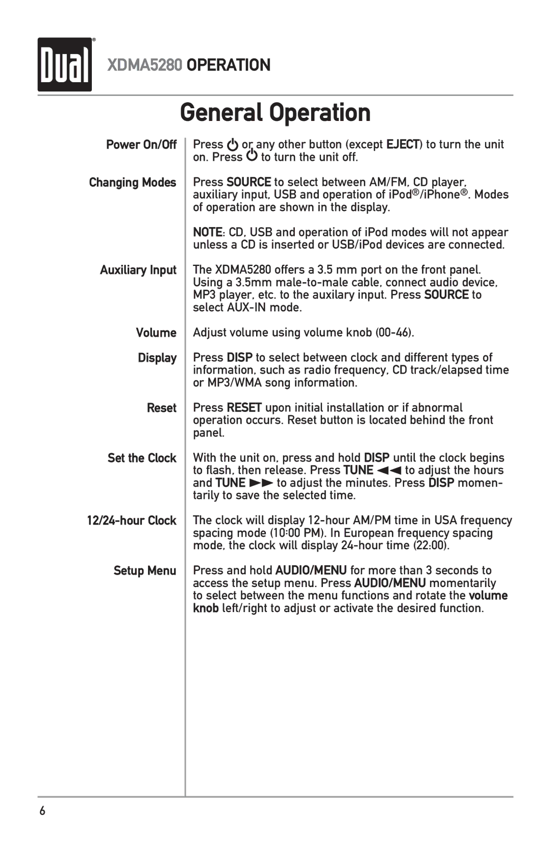 Dual XDMA5280 owner manual General Operation 