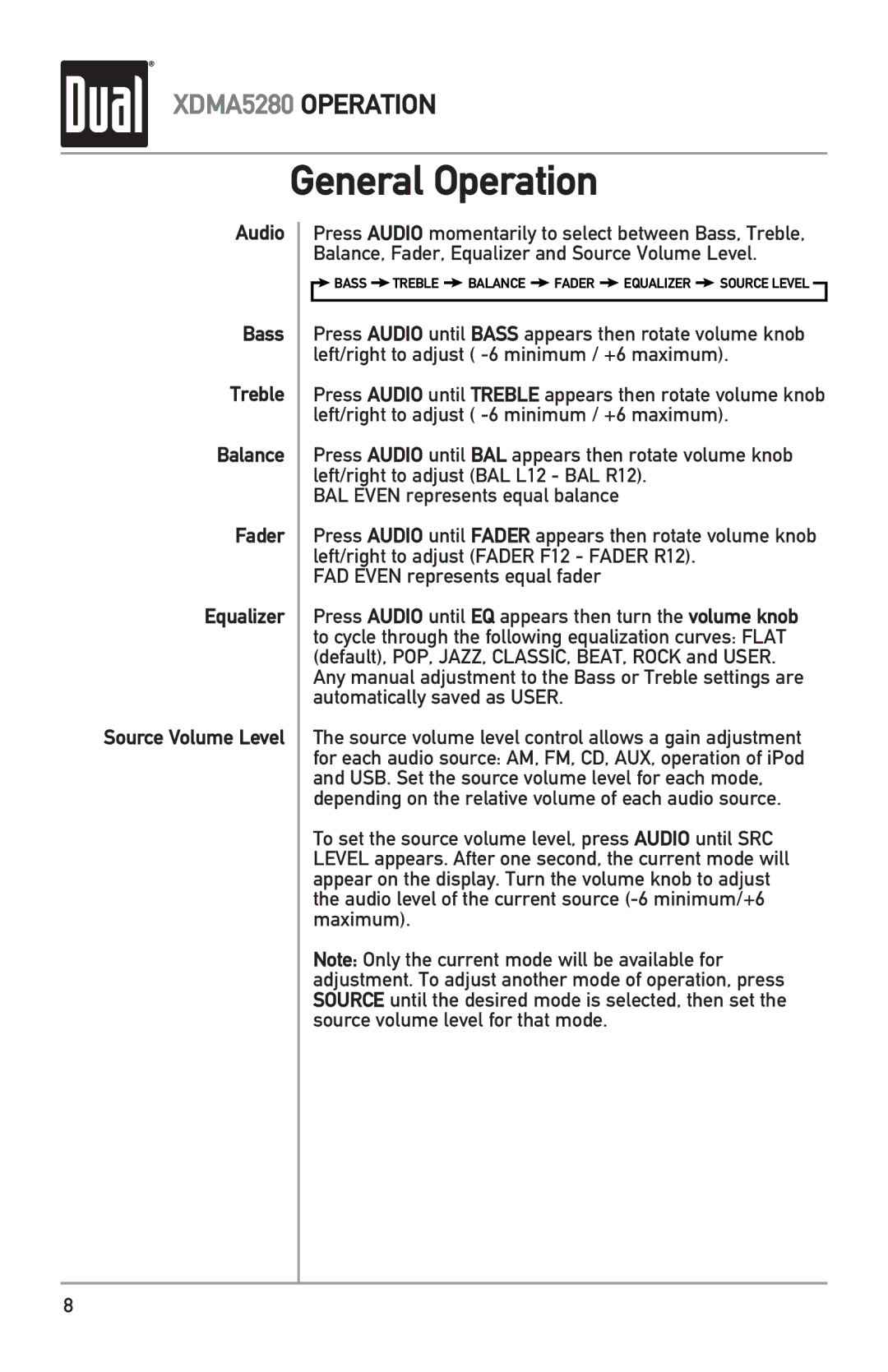 Dual XDMA5280 owner manual Bass Treble Balance Fader Equalizer Source Level 