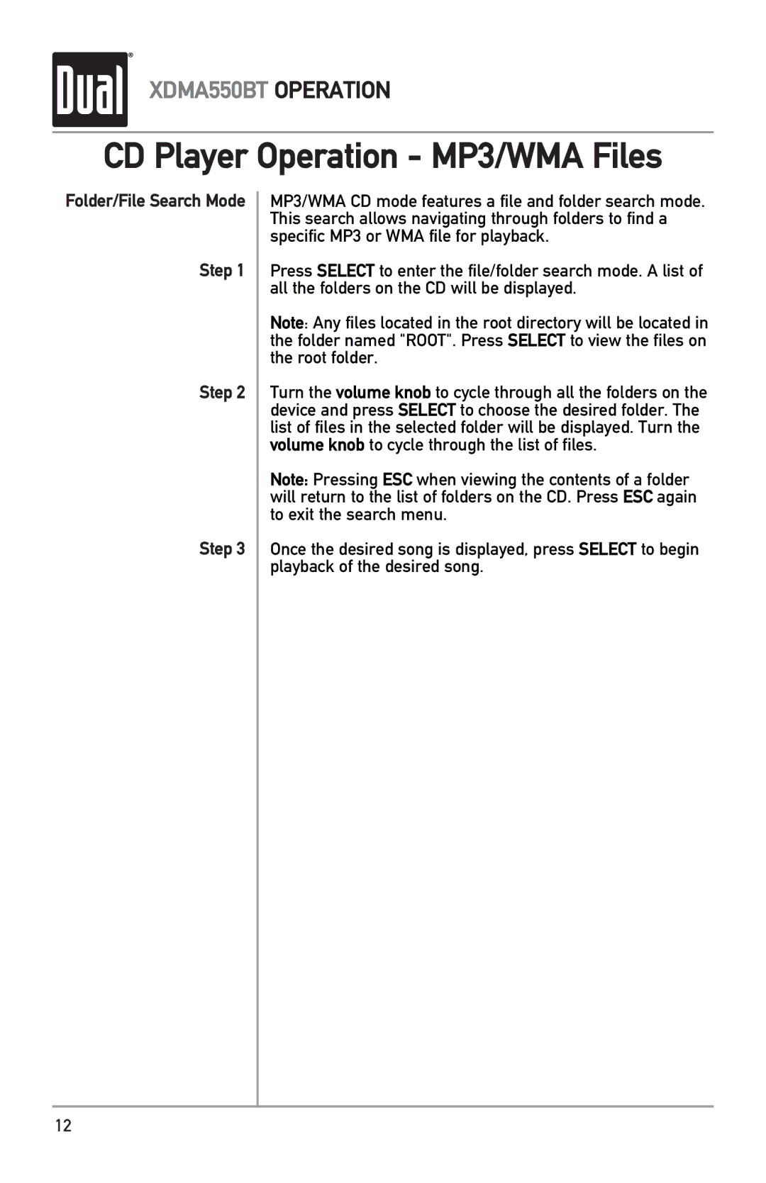 Dual XDMA550BT owner manual Folder/File Search Mode Step 