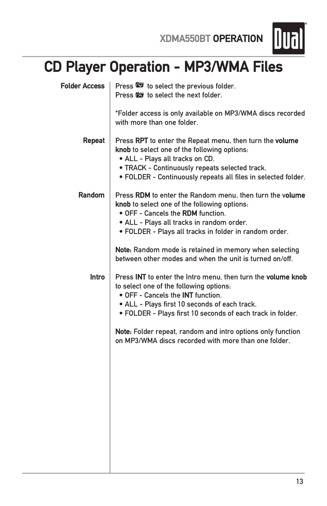 Dual XDMA550BT owner manual Folder Access Repeat Random Intro 