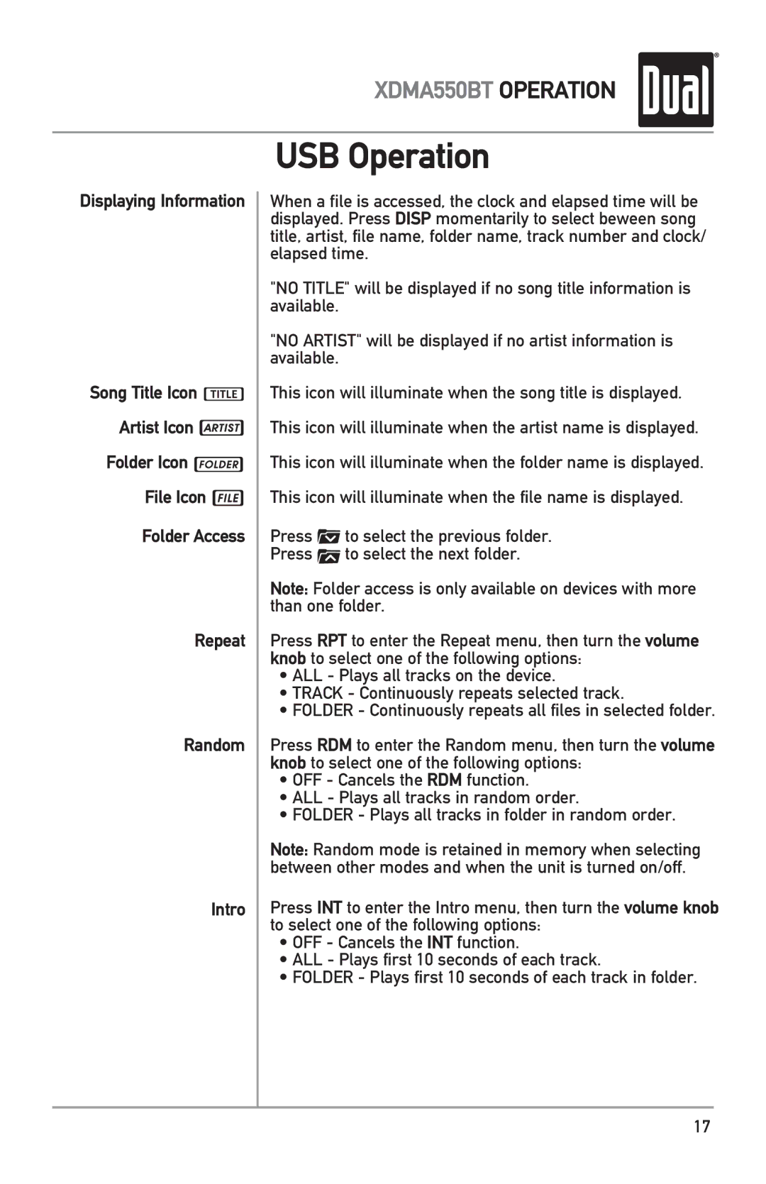 Dual XDMA550BT owner manual USB Operation 