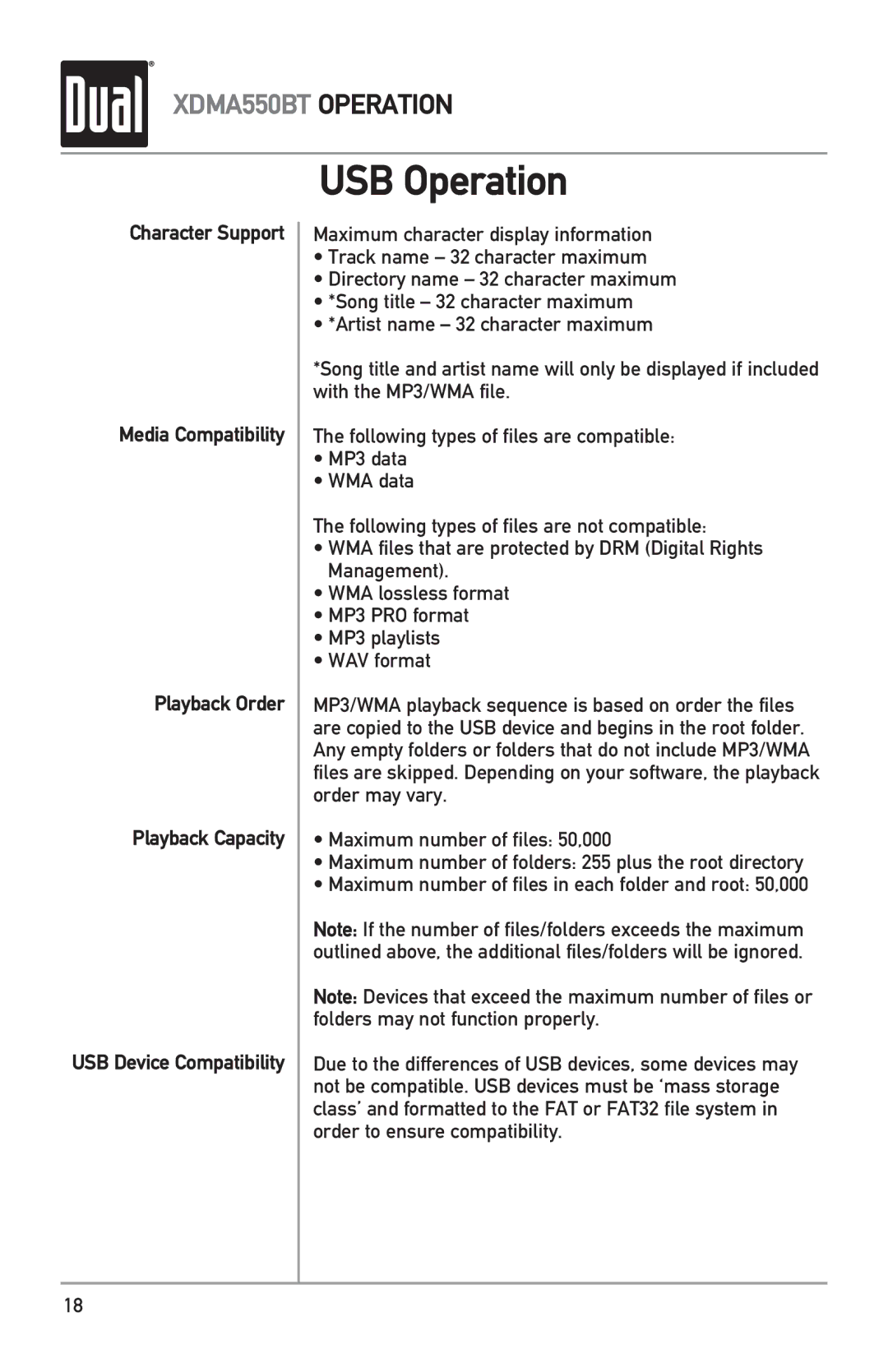 Dual XDMA550BT owner manual USB Operation 