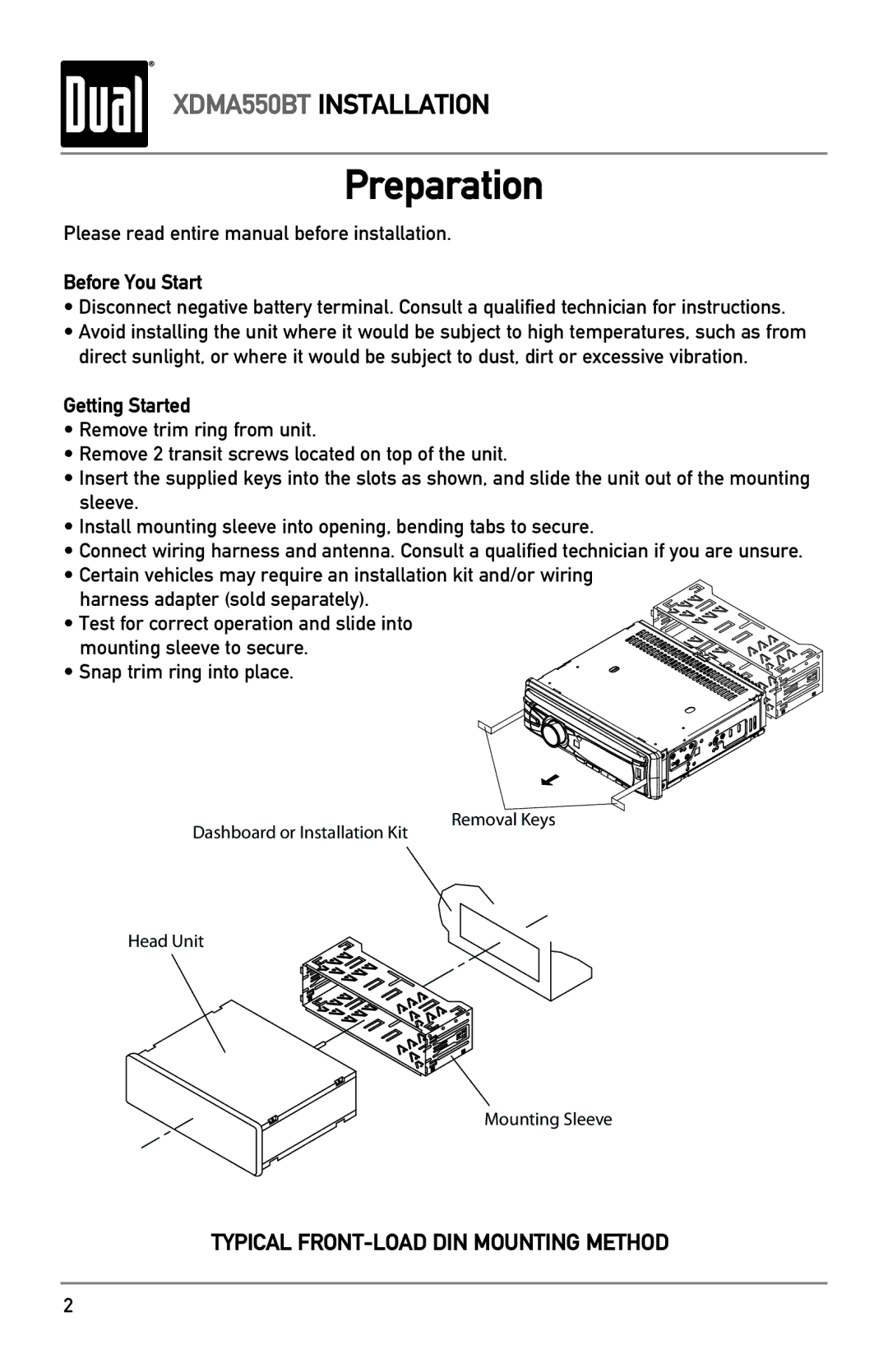 Dual XDMA550BT owner manual Preparation, Before You Start, Getting Started 