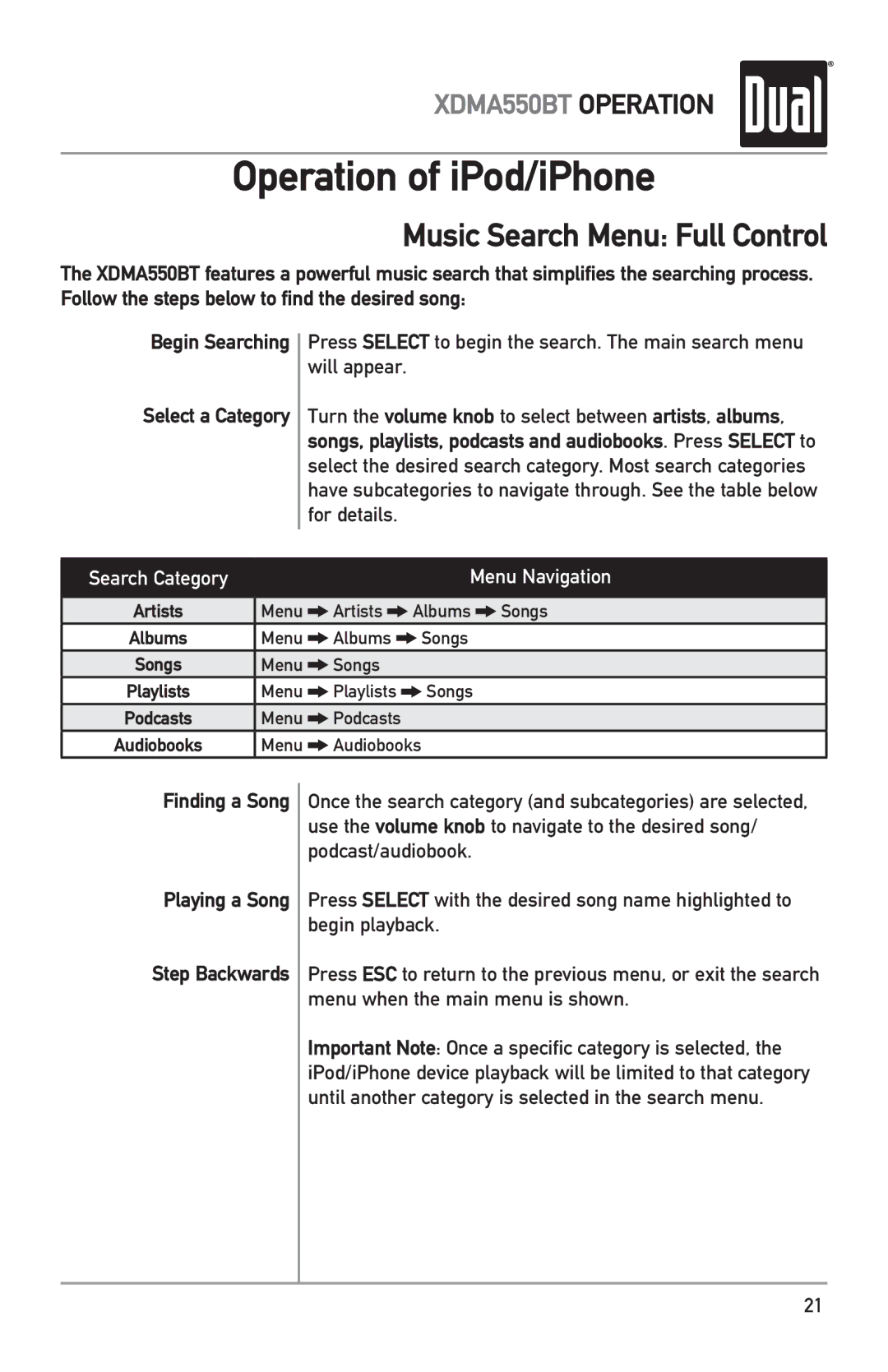 Dual XDMA550BT owner manual Music Search Menu Full Control, Finding a Song Playing a Song 