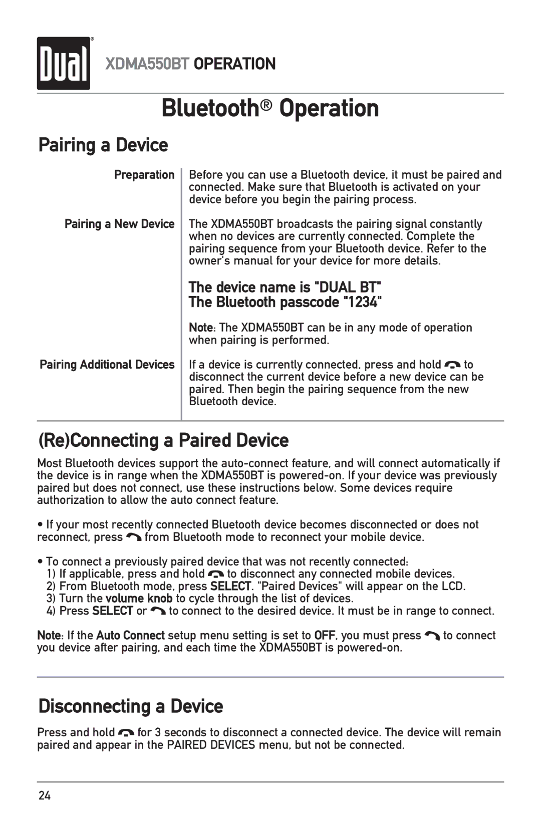 Dual XDMA550BT Bluetooth Operation, ReConnecting a Paired Device, Disconnecting a Device, Preparation Pairing a New Device 