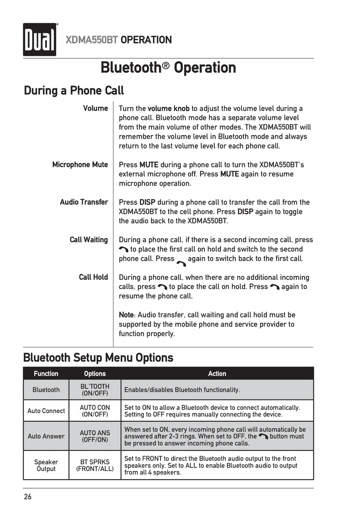 Dual XDMA550BT owner manual During a Phone Call, Bluetooth Setup Menu Options 