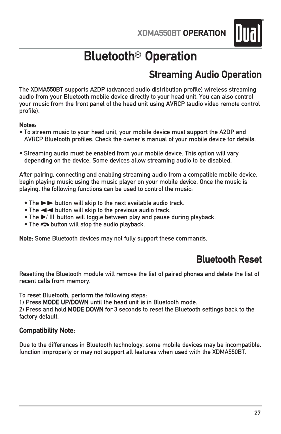 Dual XDMA550BT owner manual Streaming Audio Operation, Bluetooth Reset 