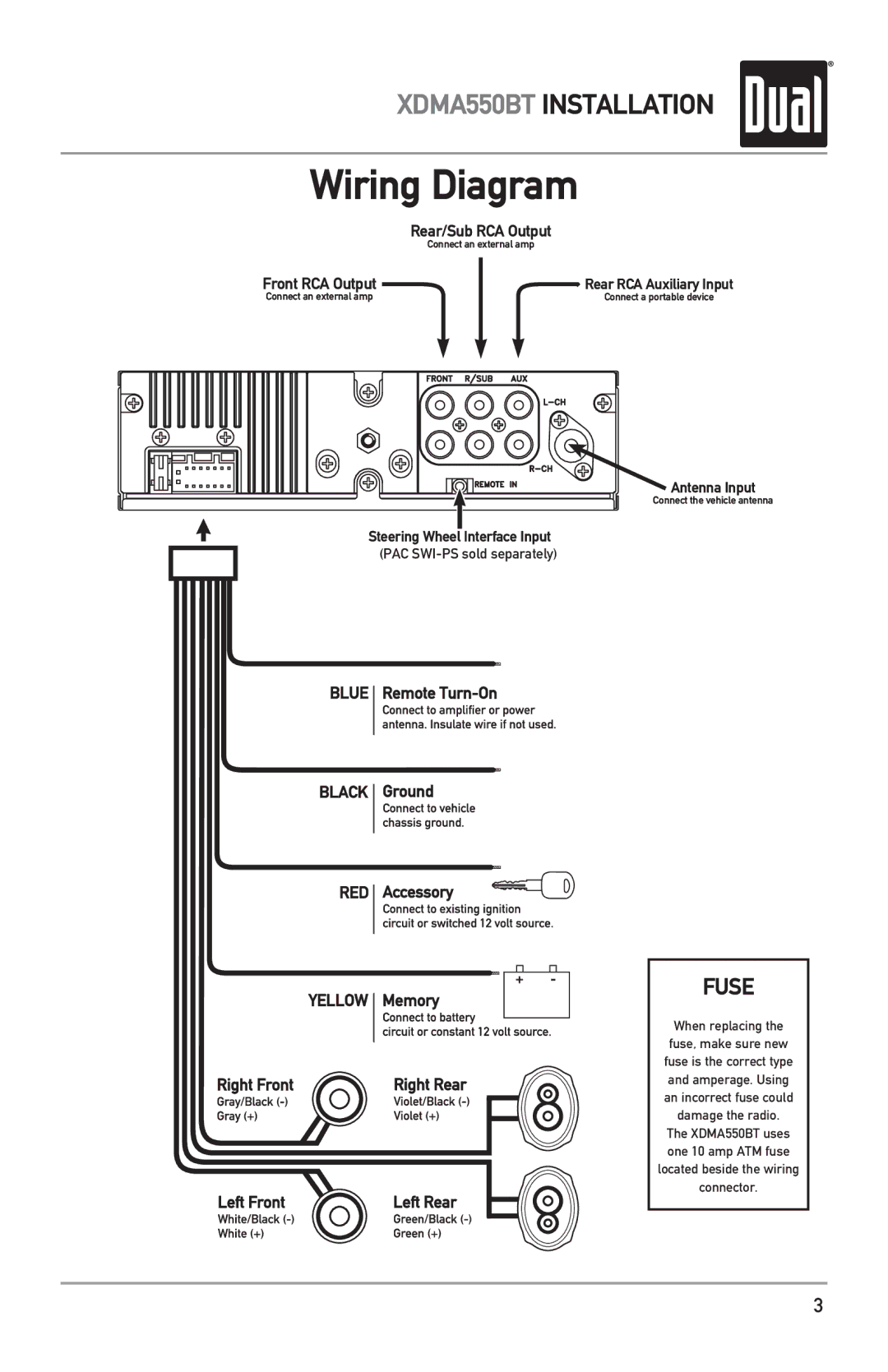 Dual XDMA550BT owner manual Wiring Diagram, Fuse 