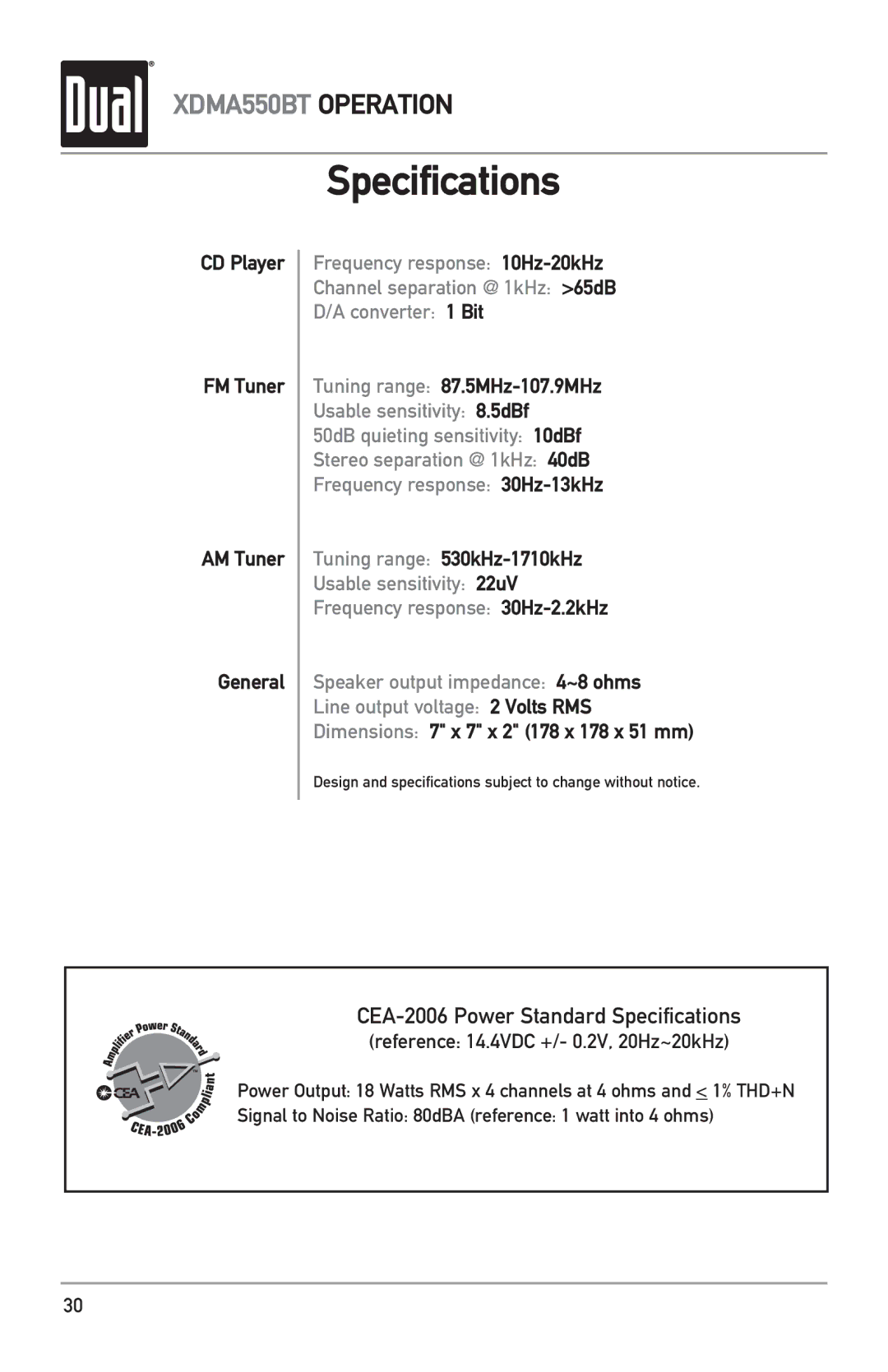 Dual XDMA550BT owner manual Specifications, CD Player FM Tuner AM Tuner General, Tuning range 87.5MHz-107.9MHz 