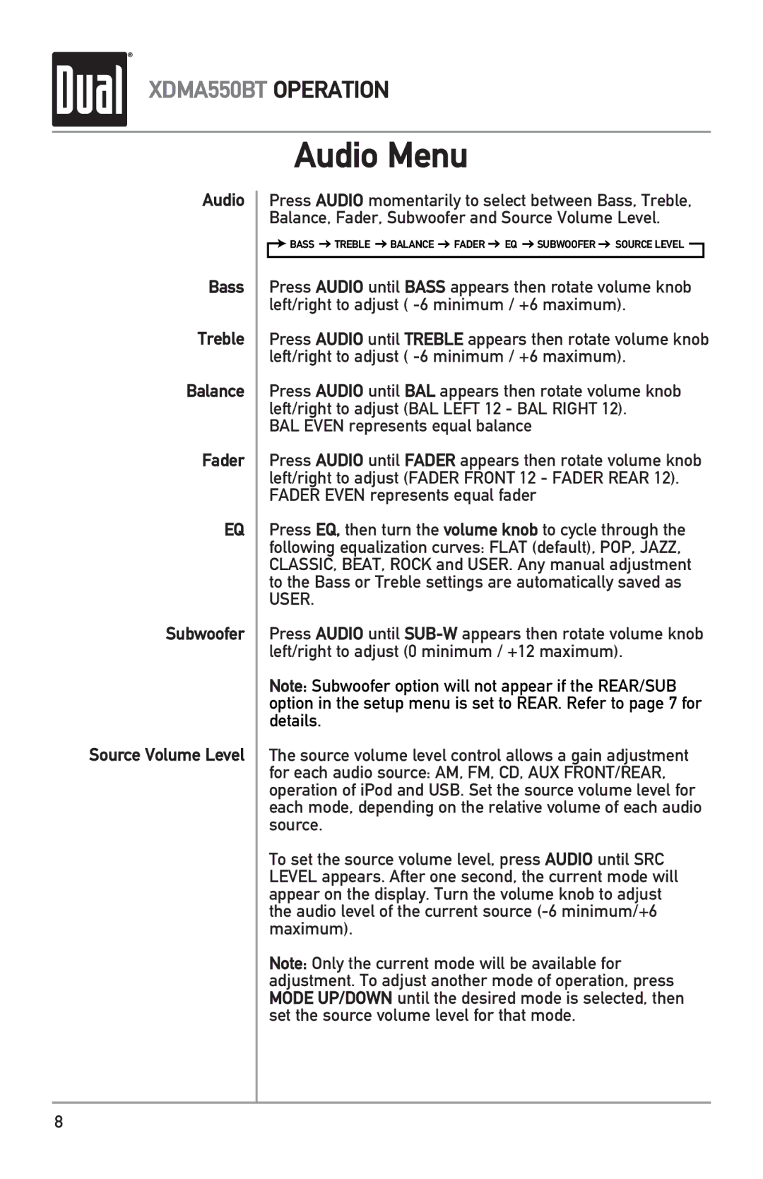 Dual XDMA550BT owner manual Audio Menu 