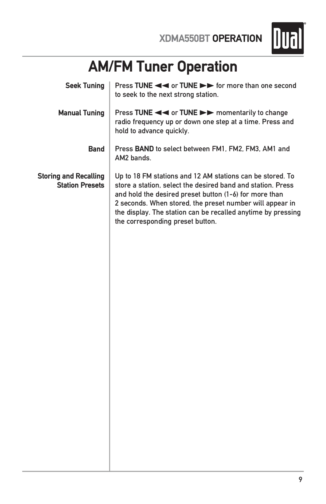 Dual XDMA550BT owner manual AM/FM Tuner Operation, Seek Tuning Manual Tuning Band 