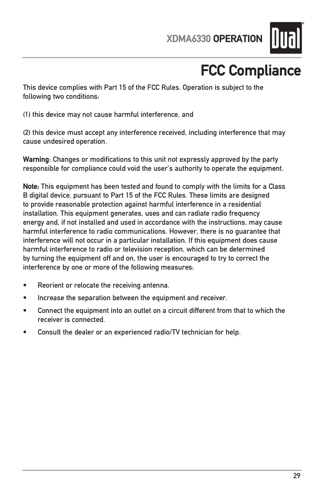 Dual XDMA6330 owner manual FCC Compliance 