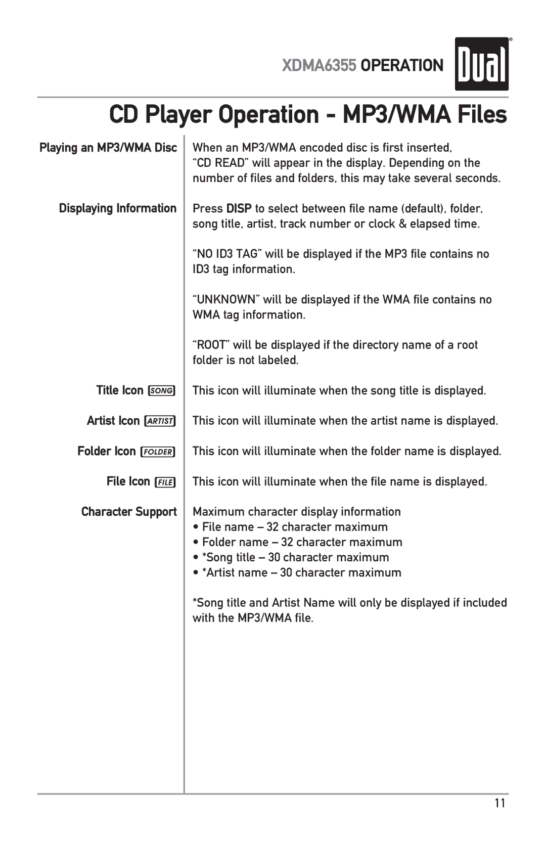 Dual XDMA6355 owner manual CD Player Operation MP3/WMA Files, When an MP3/WMA encoded disc is first inserted 