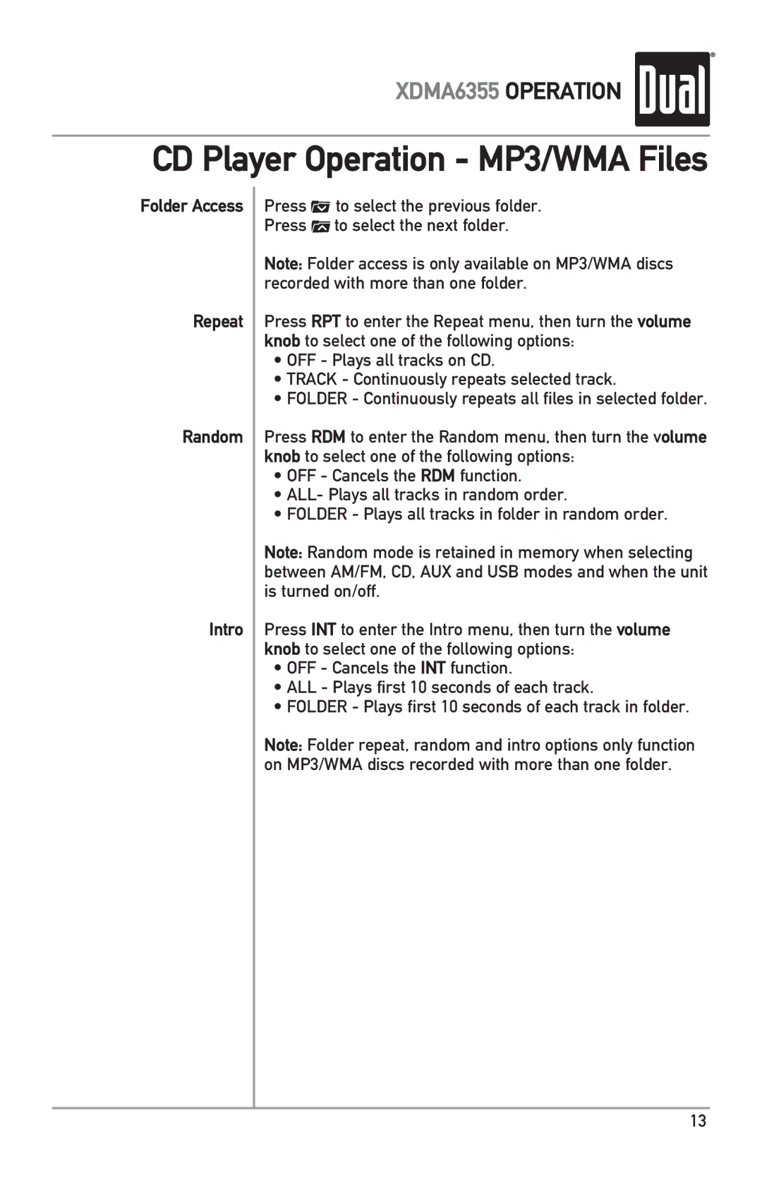 Dual XDMA6355 owner manual Folder Access Repeat Random Intro 