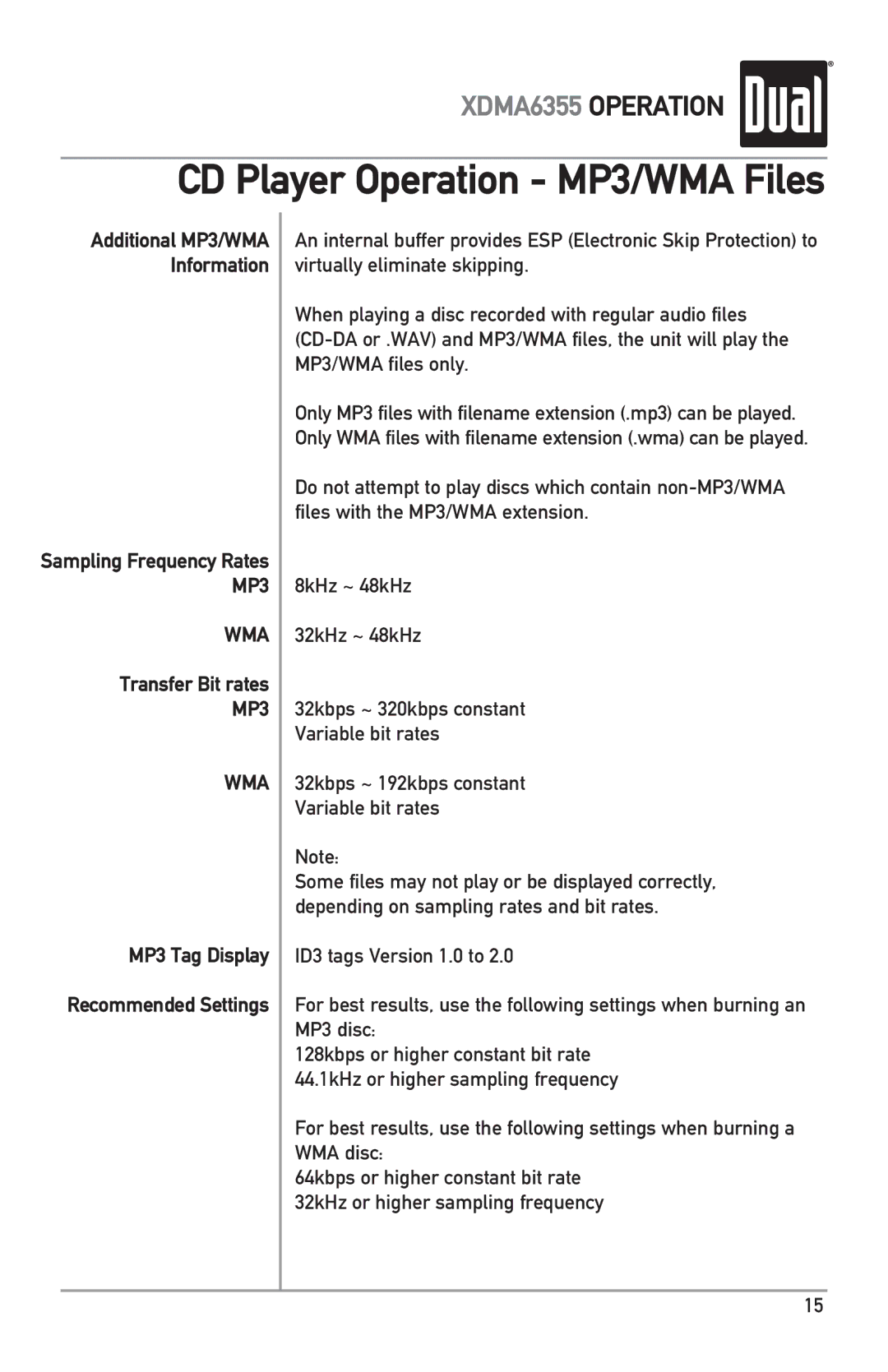 Dual XDMA6355 owner manual Transfer Bit rates, MP3 Tag Display Recommended Settings 