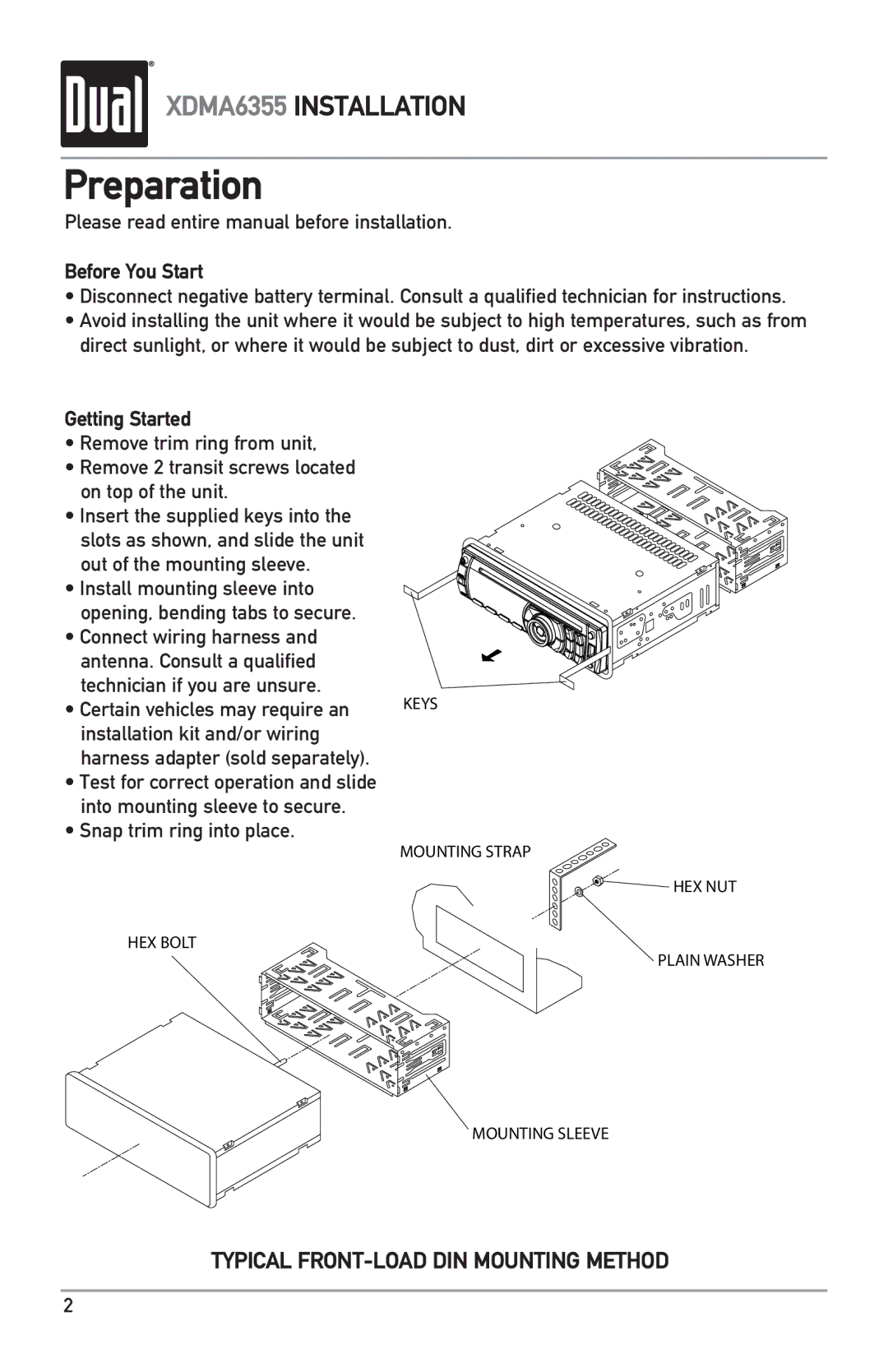 Dual XDMA6355 owner manual Preparation, Please read entire manual before installation, Before You Start, Getting Started 