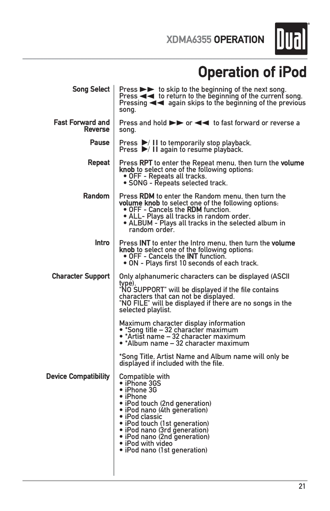 Dual XDMA6355 owner manual Operation of iPod 