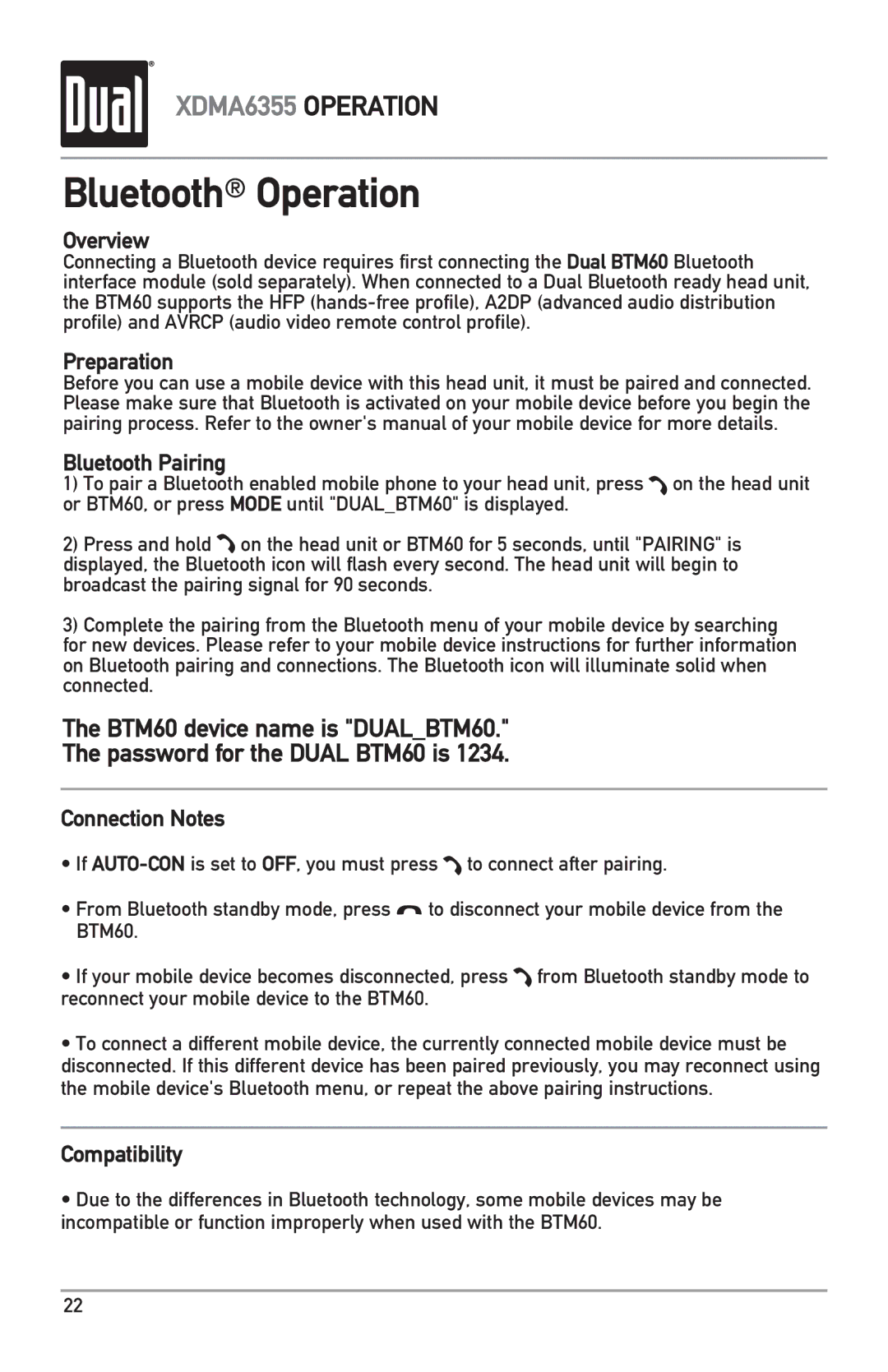 Dual XDMA6355 owner manual Bluetooth Operation, Overview 