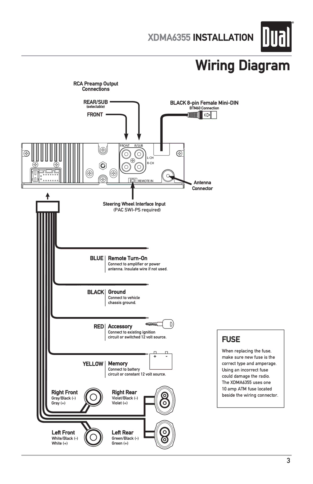 Dual XDMA6355 owner manual Wiring Diagram, RCA Preamp Output Connections 