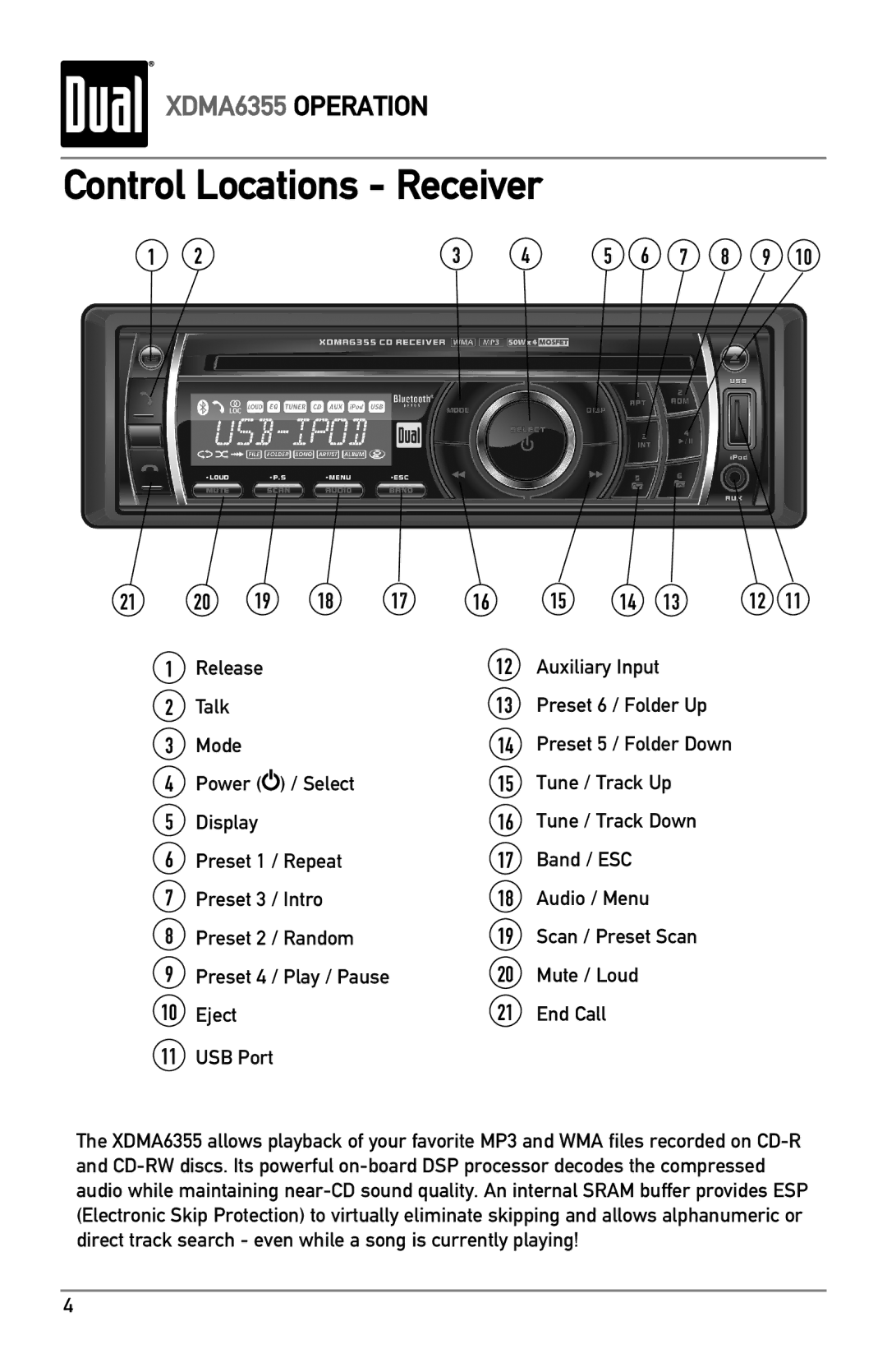 Dual XDMA6355 Control Locations Receiver, Release Auxiliary Input Talk Preset 6 / Folder Up Mode, Power, Mute / Loud Eject 