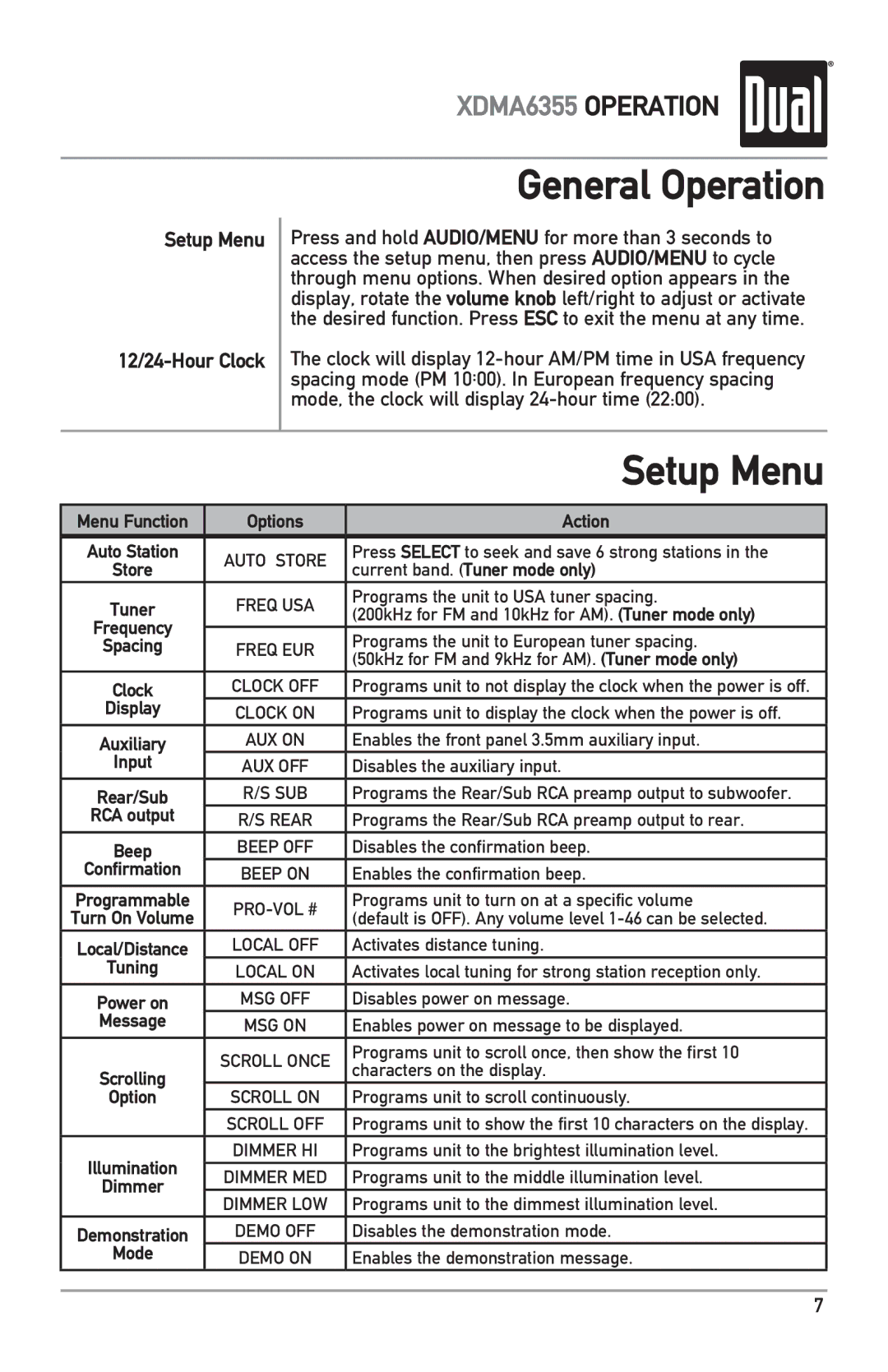 Dual XDMA6355 owner manual Setup Menu 12/24-Hour Clock 