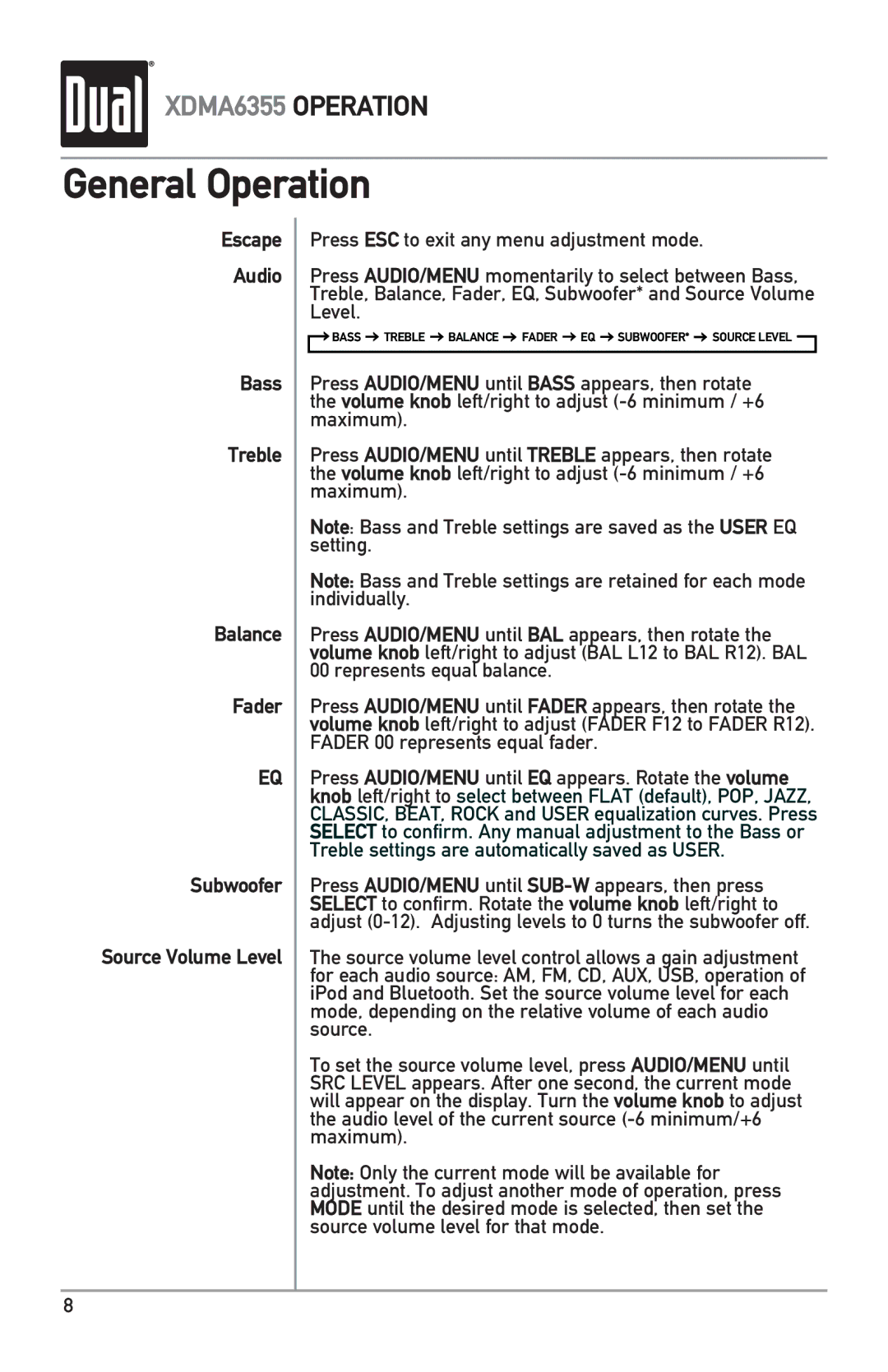 Dual XDMA6355 owner manual Bass Treble Balance Fader EQ SUBWOOFER* Source Level 
