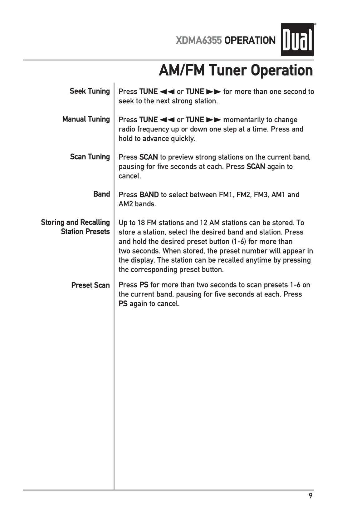 Dual XDMA6355 owner manual AM/FM Tuner Operation, Seek Tuning Manual Tuning Scan Tuning Band, Preset Scan 