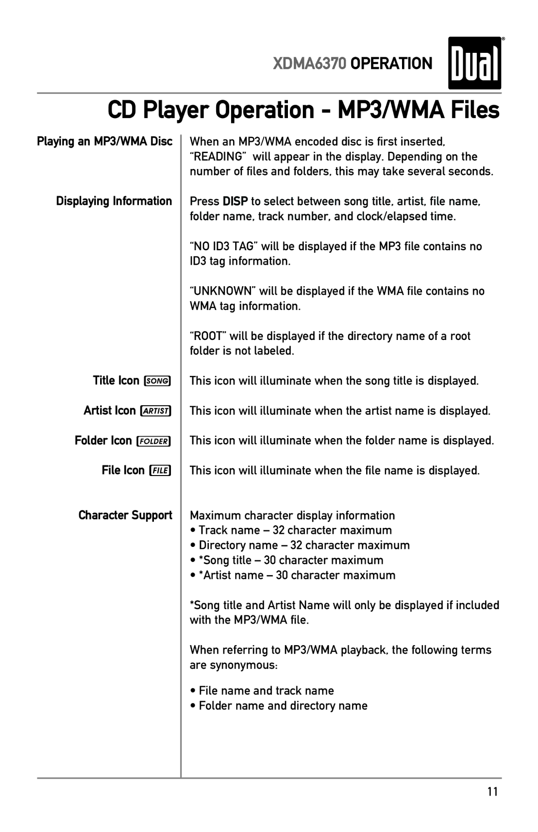 Dual XDMA6370 owner manual CD Player Operation MP3/WMA Files 